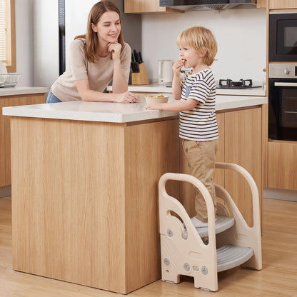 Gray adjustable 2-step kids helper stool with safety handles and non-slip pads, designed for toddler and kids bedroom use.
