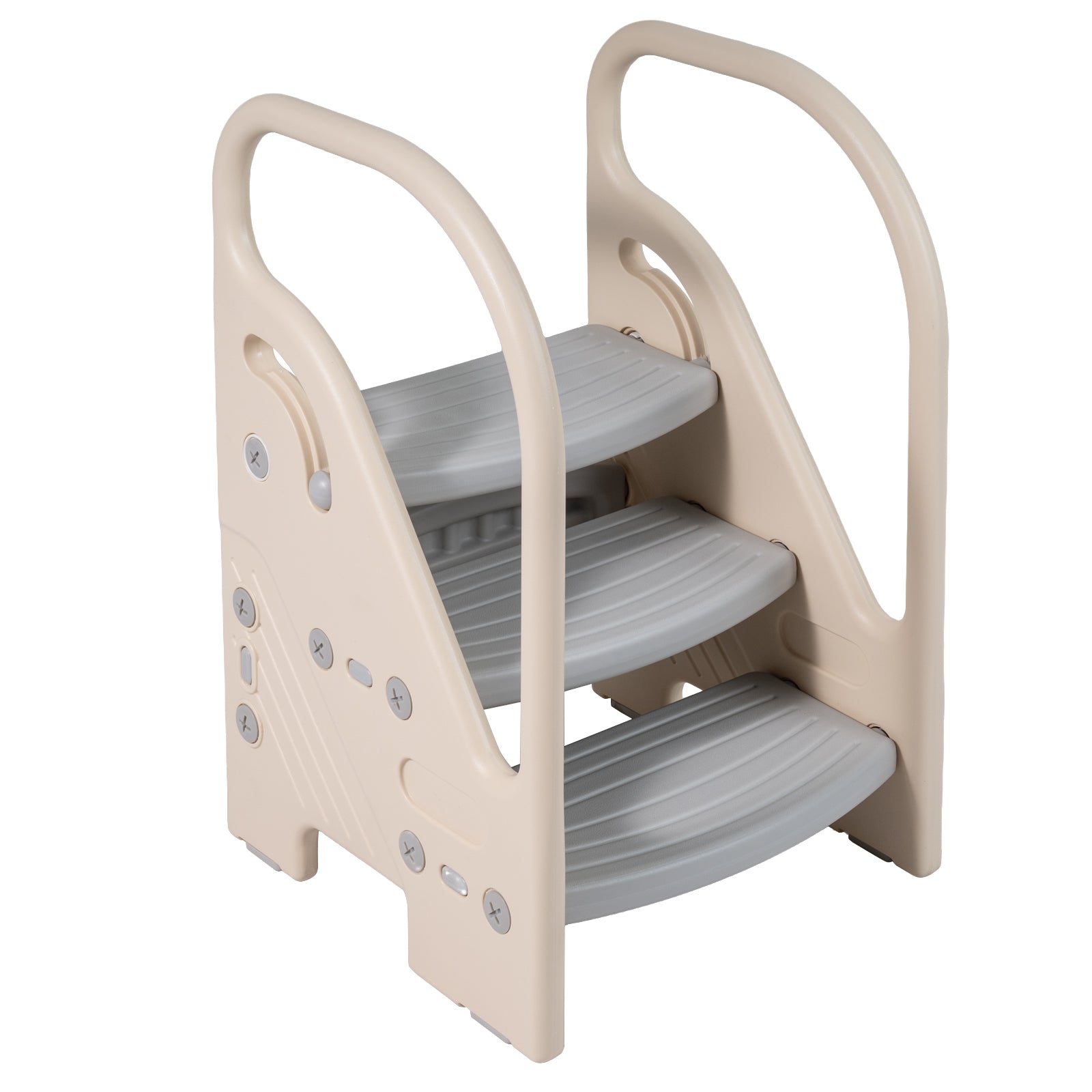 Gray adjustable 3-step helper stool with safety handles for kids, designed for toddler and kids' seating and support.