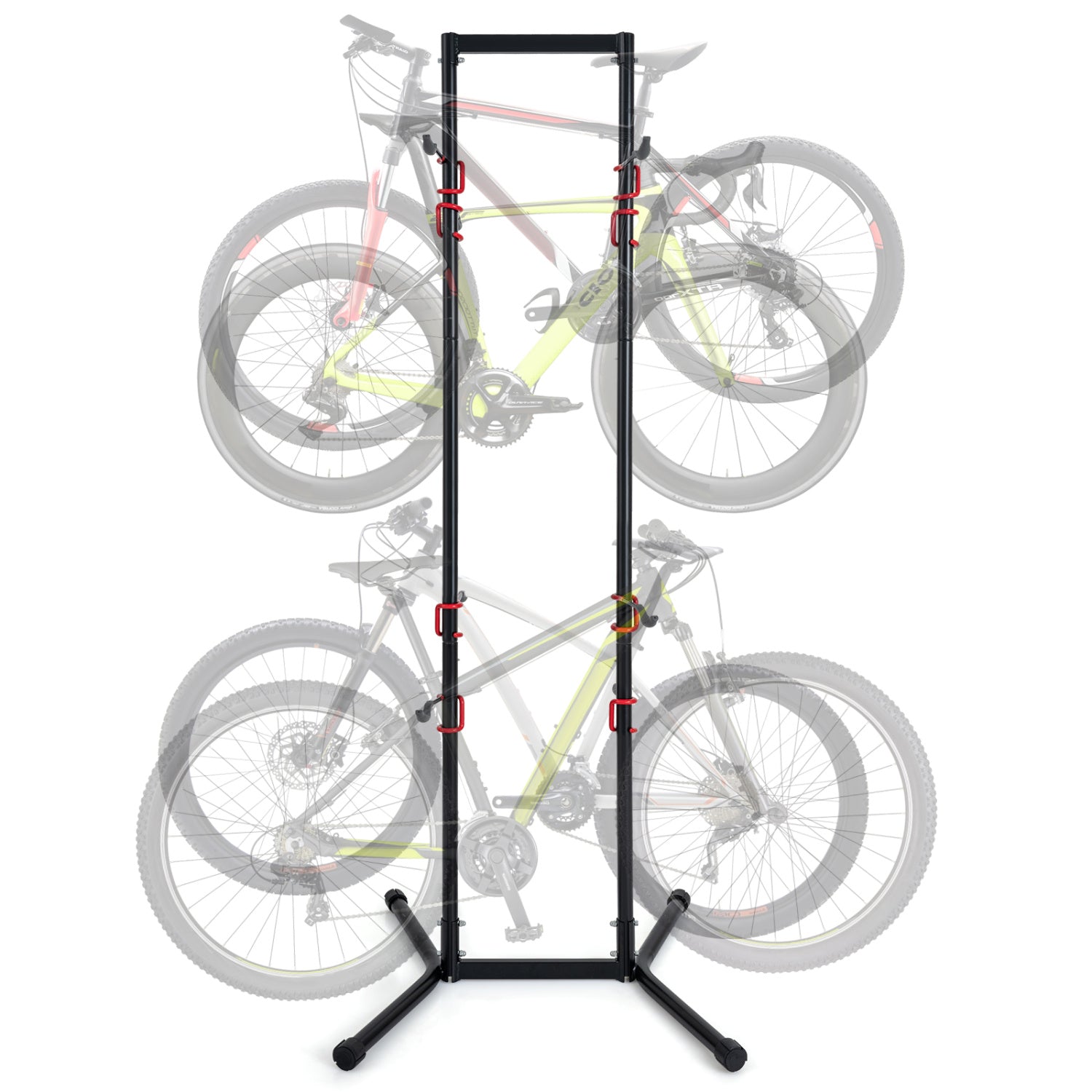Adjustable bike storage rack by Wilsons Home Store holding four bikes, vertical stand for garage or outdoor use.