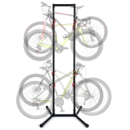 Adjustable bike storage rack by Wilsons Home Store holding four bikes, vertical stand for garage or outdoor use.