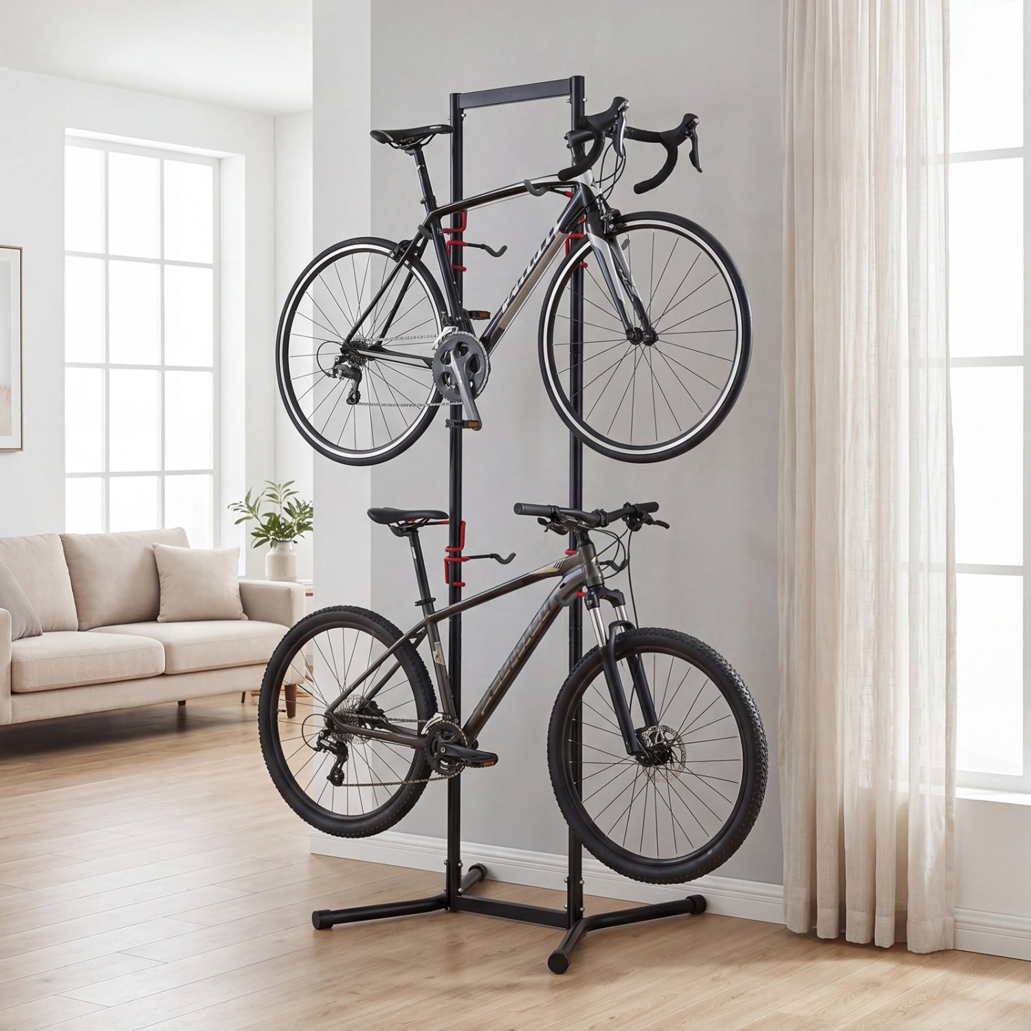 Adjustable Wilsons Home Store bike storage rack with vertical stand holding four bikes in a garage setting.