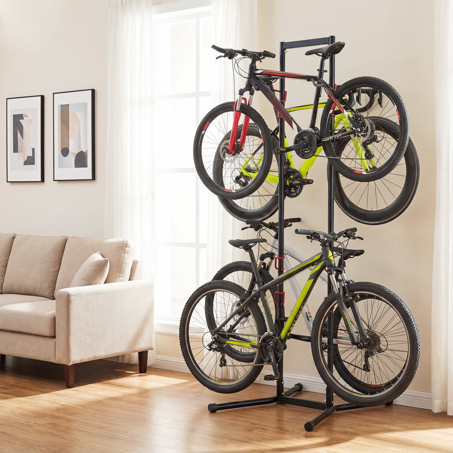 Adjustable bike storage rack by Wilsons Home Store, vertical stand for four bikes, outdoor garage organization.