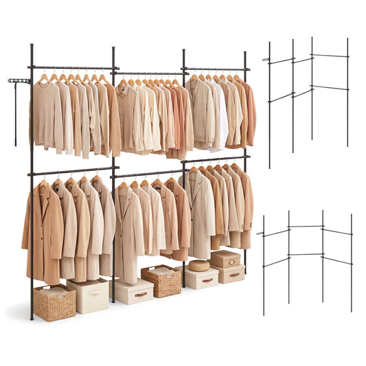 Black adjustable floor-to-ceiling clothes rack with six hanging rods, ideal for entryway organization and clothing storage.