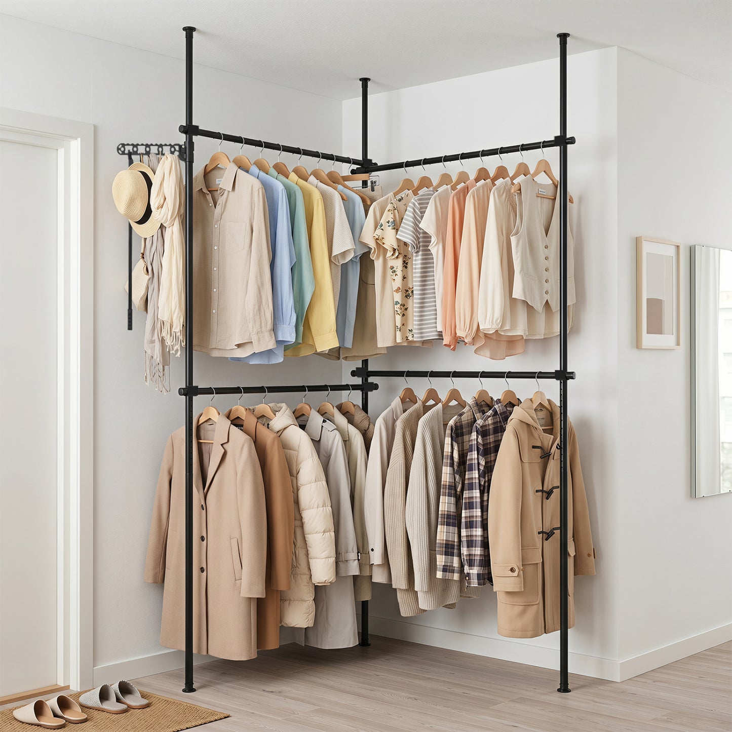 Adjustable Floor to Ceiling Clothes Rack with 4 Hanging Rods-Black