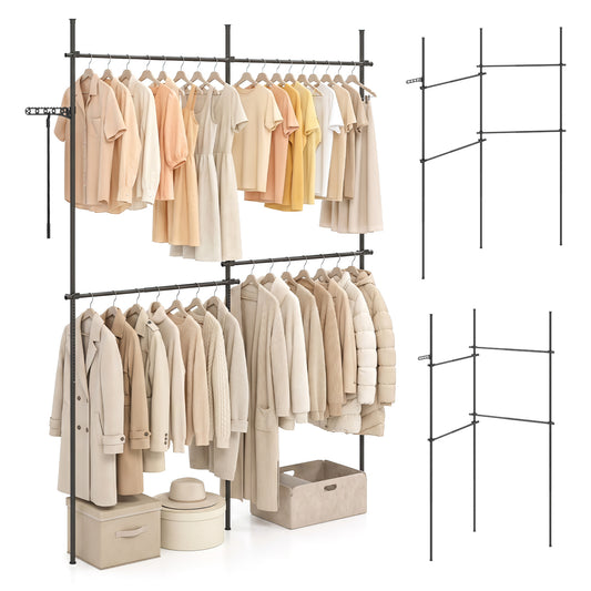 Black adjustable floor-to-ceiling clothes rack with four hanging rods for entryway organization and clothing storage.