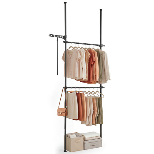 Adjustable black floor-to-ceiling clothes rack with two hanging rods, ideal for entryway organization and coat storage.