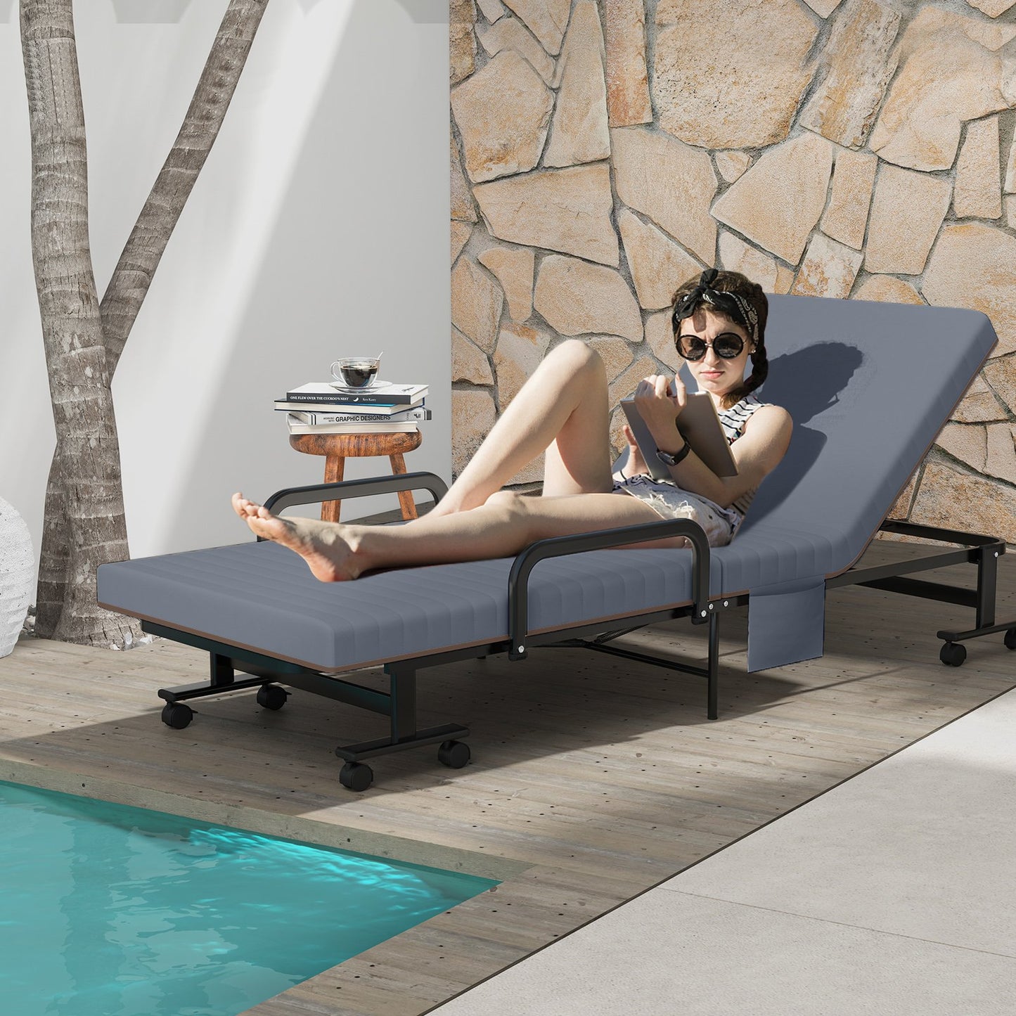 Adjustable Guest Single Bed Lounge Portable Wheels-Brown