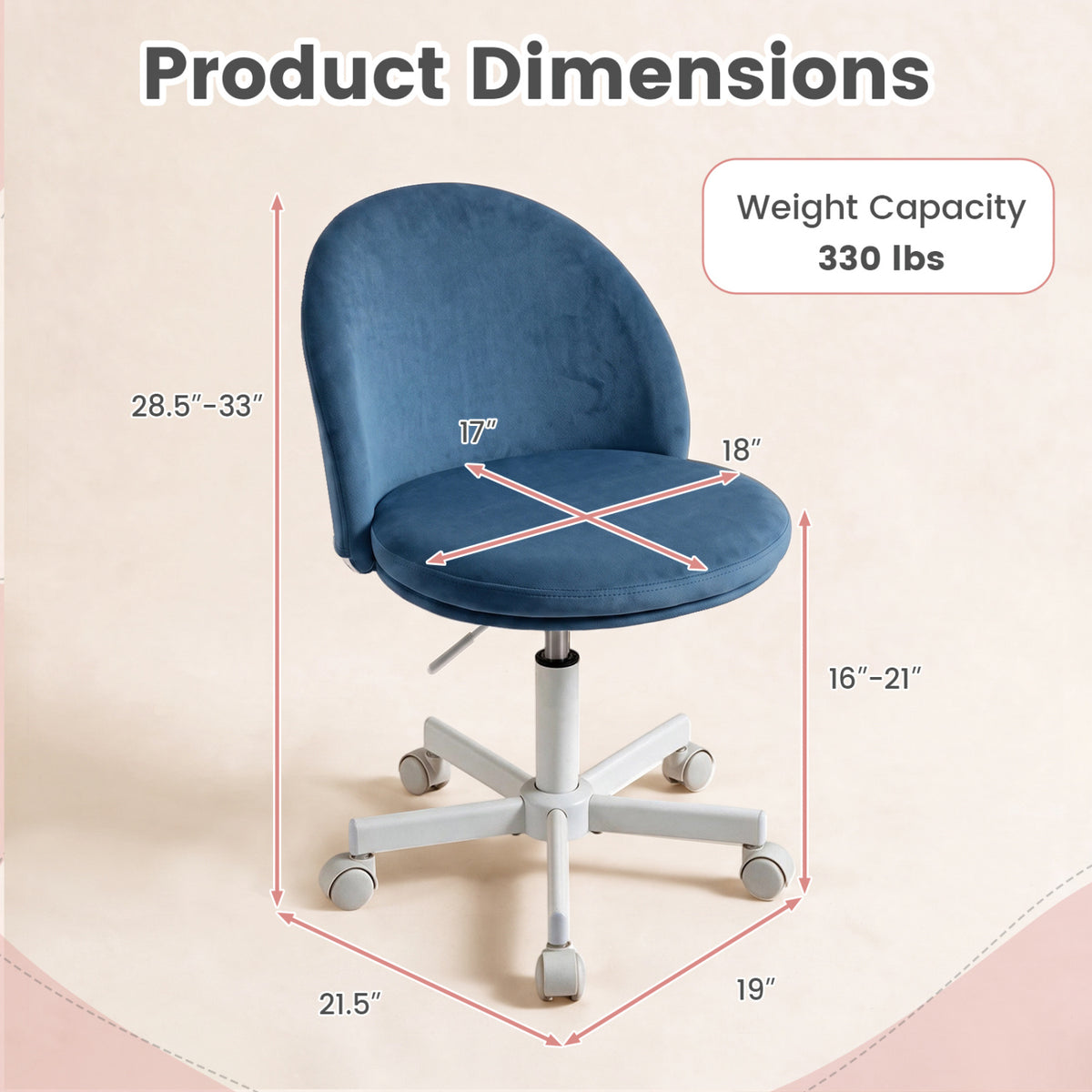 Adjustable Height Ergonomic Makeup Chair with Lumbar Support for Home Office-Blue