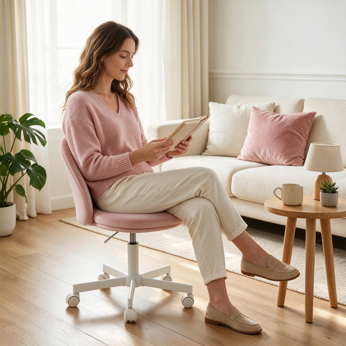 Adjustable Height Ergonomic Makeup Chair with Lumbar Support for Home Office-Blue