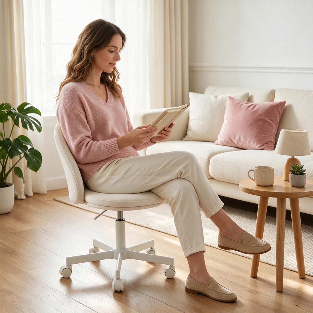 Adjustable Height Ergonomic Makeup Chair with Lumbar Support for Home Office-Blue