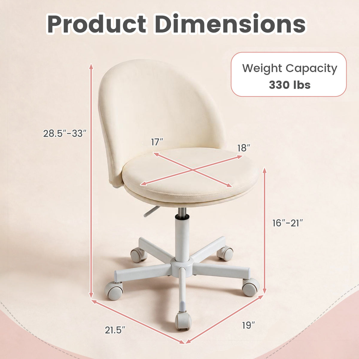 Adjustable Height Ergonomic Makeup Chair with Lumbar Support for Home Office-Blue