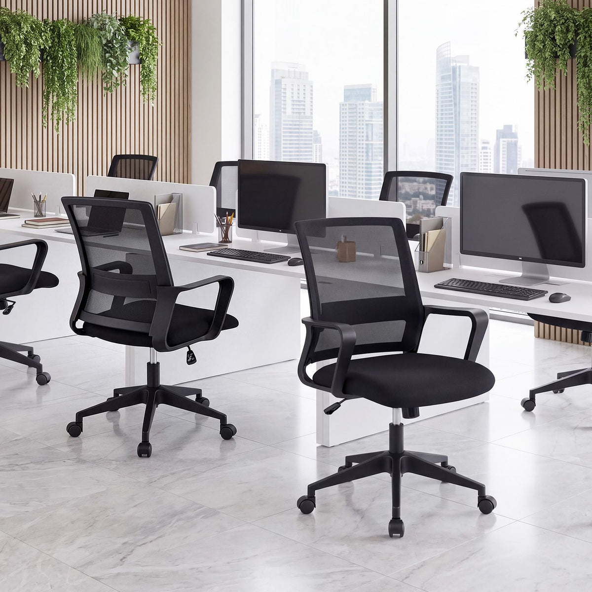 Adjustable height ergonomic mesh office chair with lumbar support and 90°-115° rocking feature, designed for home office comfort.