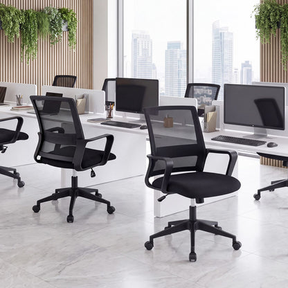 Adjustable height ergonomic mesh office chair with lumbar support and 90°-115° rocking feature, designed for home office comfort.