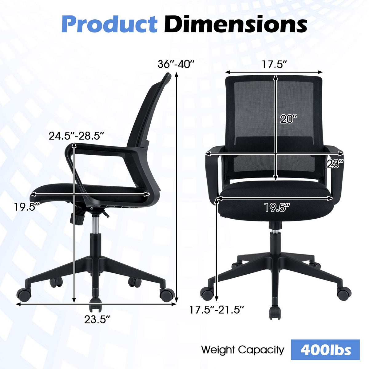 Adjustable height ergonomic mesh office chair with lumbar support and 90°-115° rocking feature, designed for home office comfort.