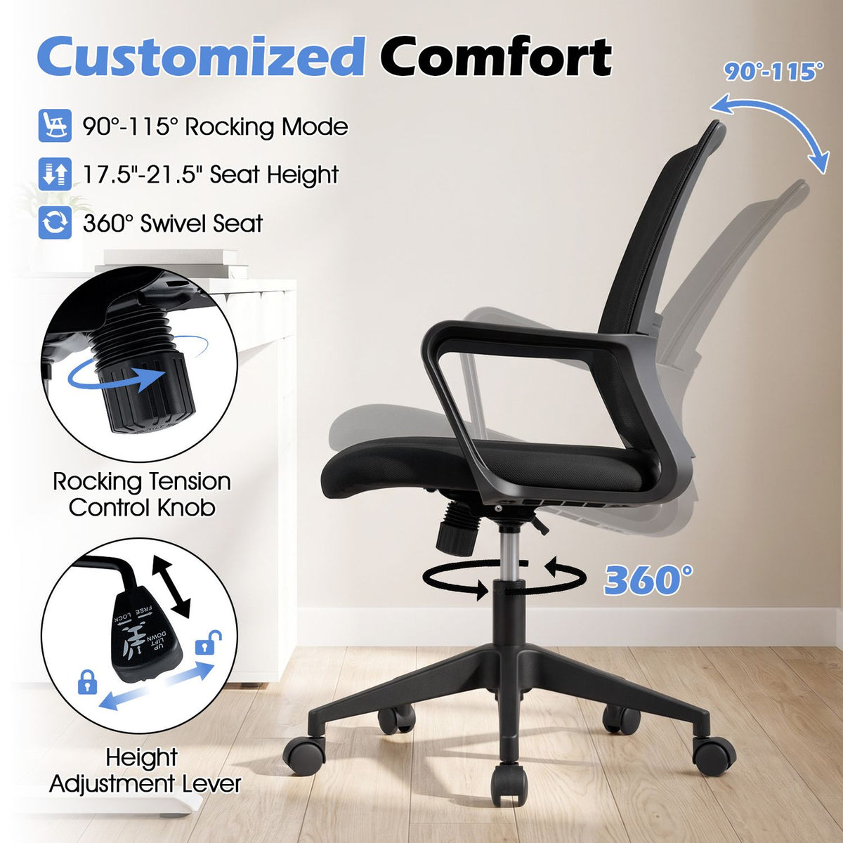 Adjustable height ergonomic mesh office chair with lumbar support and rocking feature, ideal for home office use.