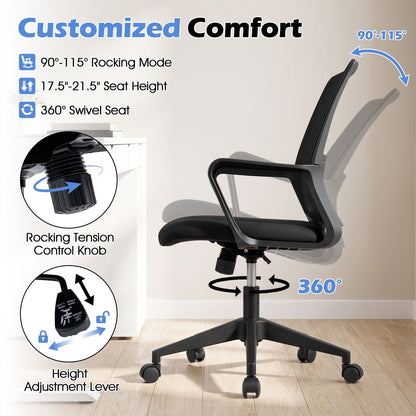 Adjustable height ergonomic mesh office chair with lumbar support and rocking feature, ideal for home office use.