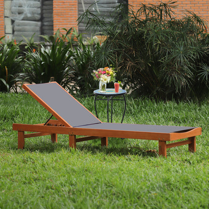 Gray adjustable outdoor wood chaise lounge chair with 5-position backrest, ideal for patio relaxation.
