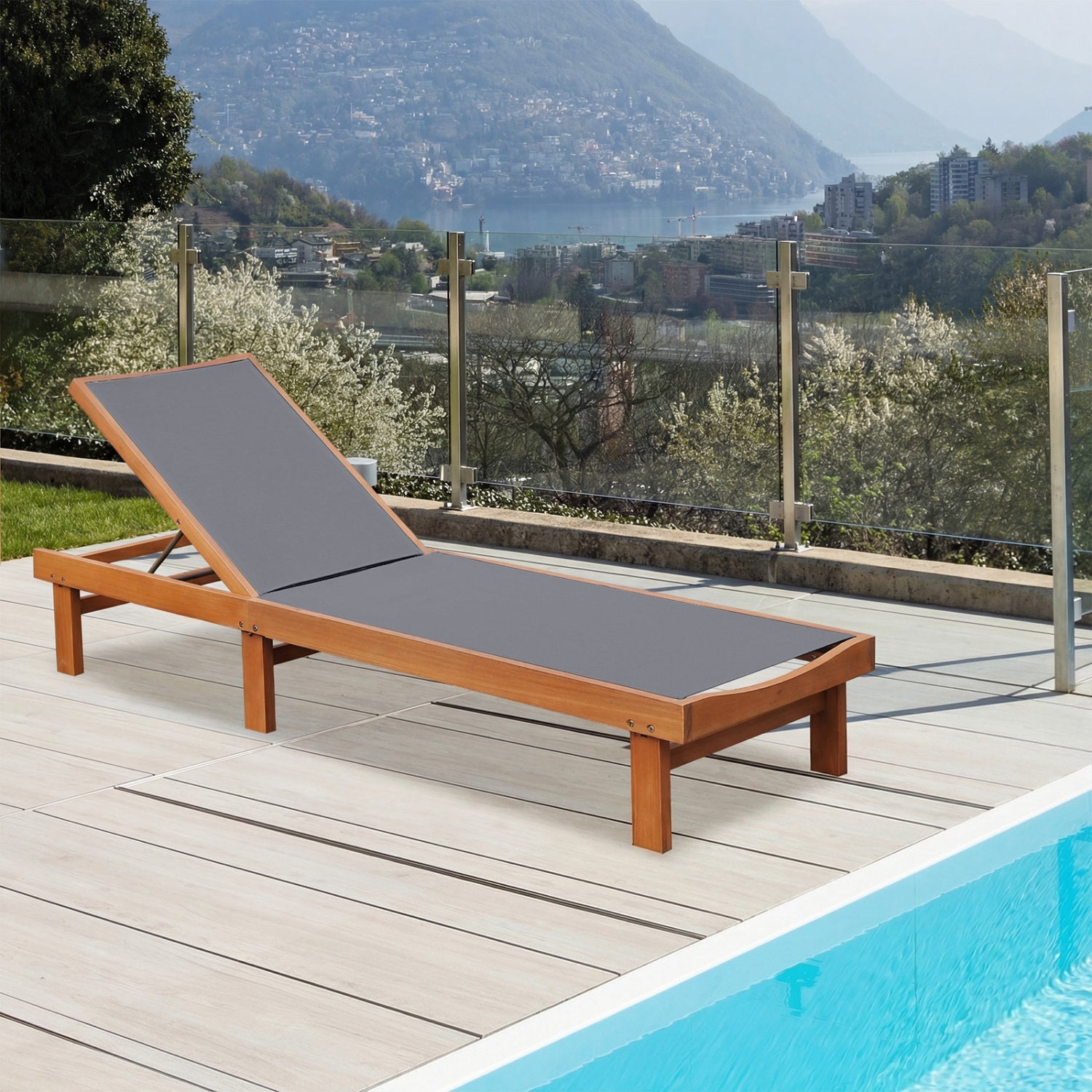 Gray adjustable outdoor wood chaise lounge chair with 5-position backrest for patio relaxation, by Direct by Wilsons Home Store.