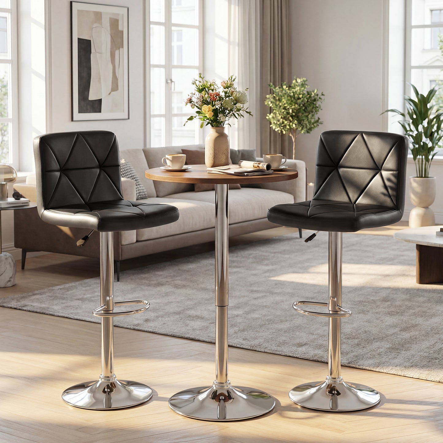 Adjustable Swivel Barstools Set of 2 with Back and Footrest-Black