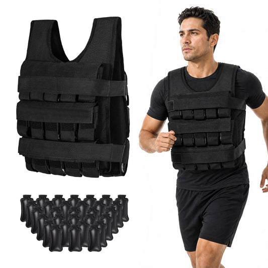 Black adjustable weighted vest for men and women with removable iron weights, ideal for strength training and fitness workouts.
