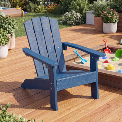 Blue all-weather HDPE kid's Adirondack chair with high backrest and armrests, designed for toddlers and kids.