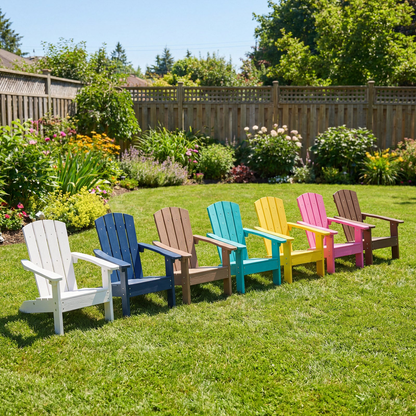 Blue all-weather HDPE kid's Adirondack chair with high backrest and armrests, designed for toddlers and children.