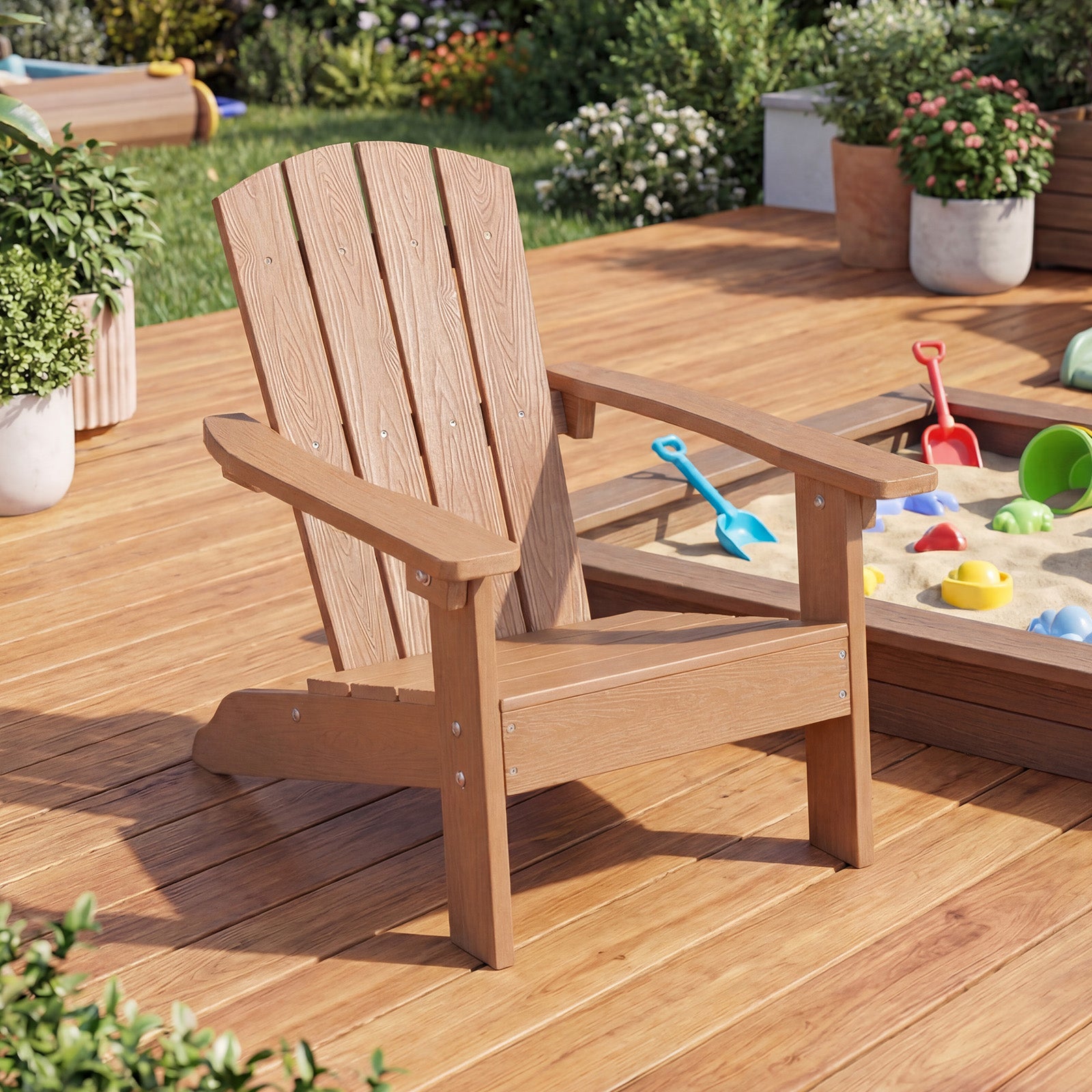 Blue all-weather HDPE kid's Adirondack chair with high backrest and armrests, suitable for toddlers and children.