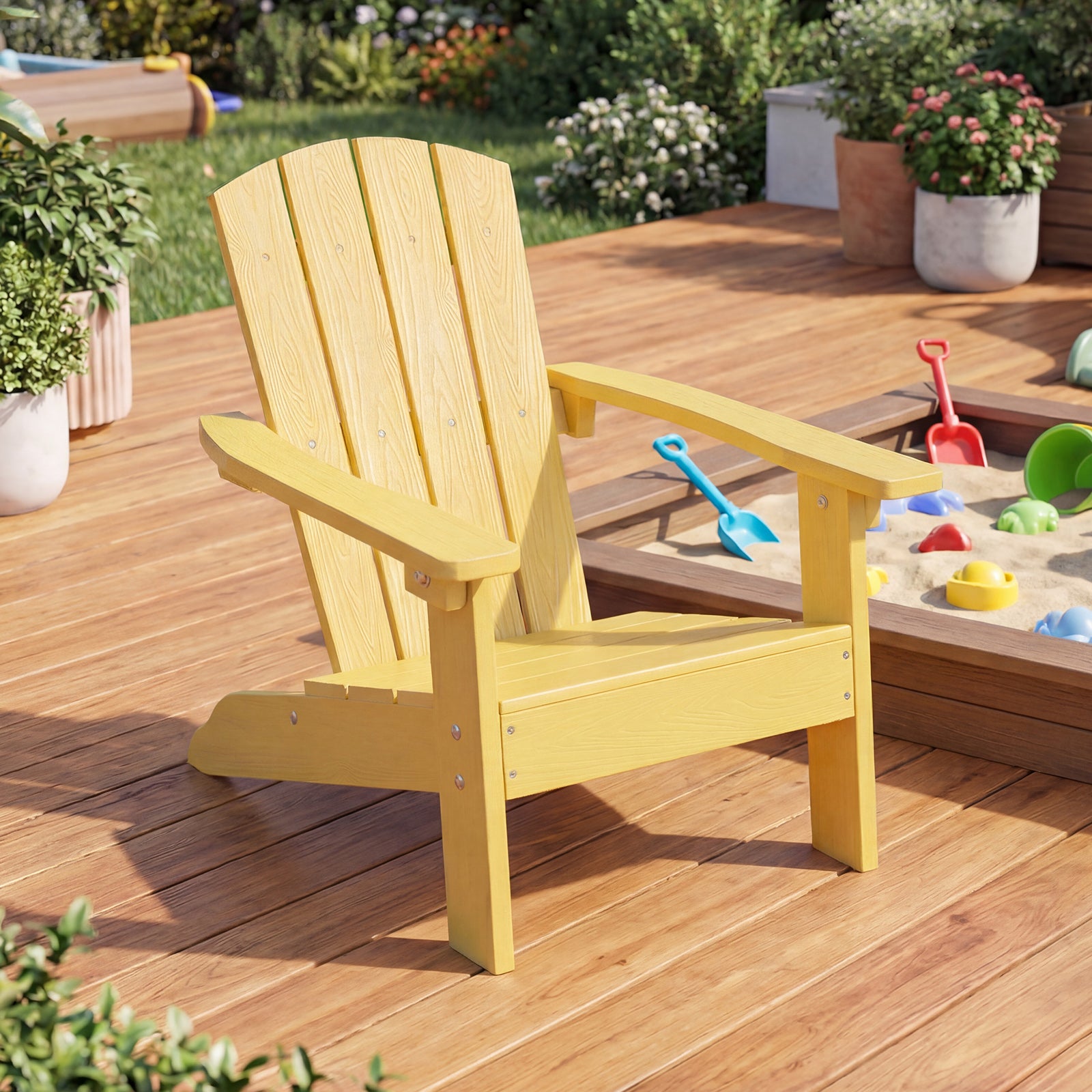 Blue all-weather HDPE kid's Adirondack chair with high backrest and armrests, suitable for toddlers and children.