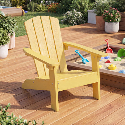 Blue all-weather HDPE kid's Adirondack chair with high backrest and armrests, suitable for toddlers and children.