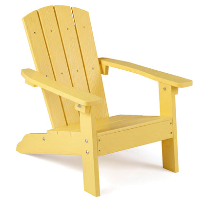 Blue all-weather HDPE kid's Adirondack chair with high backrest and armrests, designed for toddlers and children.