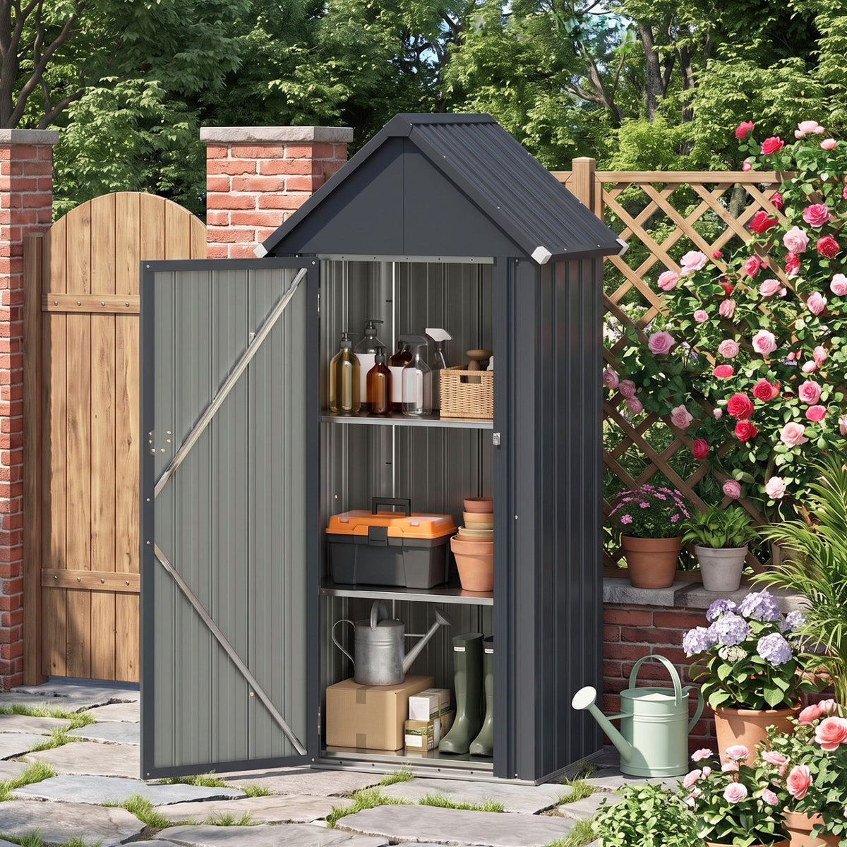 All-Weather Materials Outdoor Storage Shed with Adjustable and Detachable Shelves-Gray
