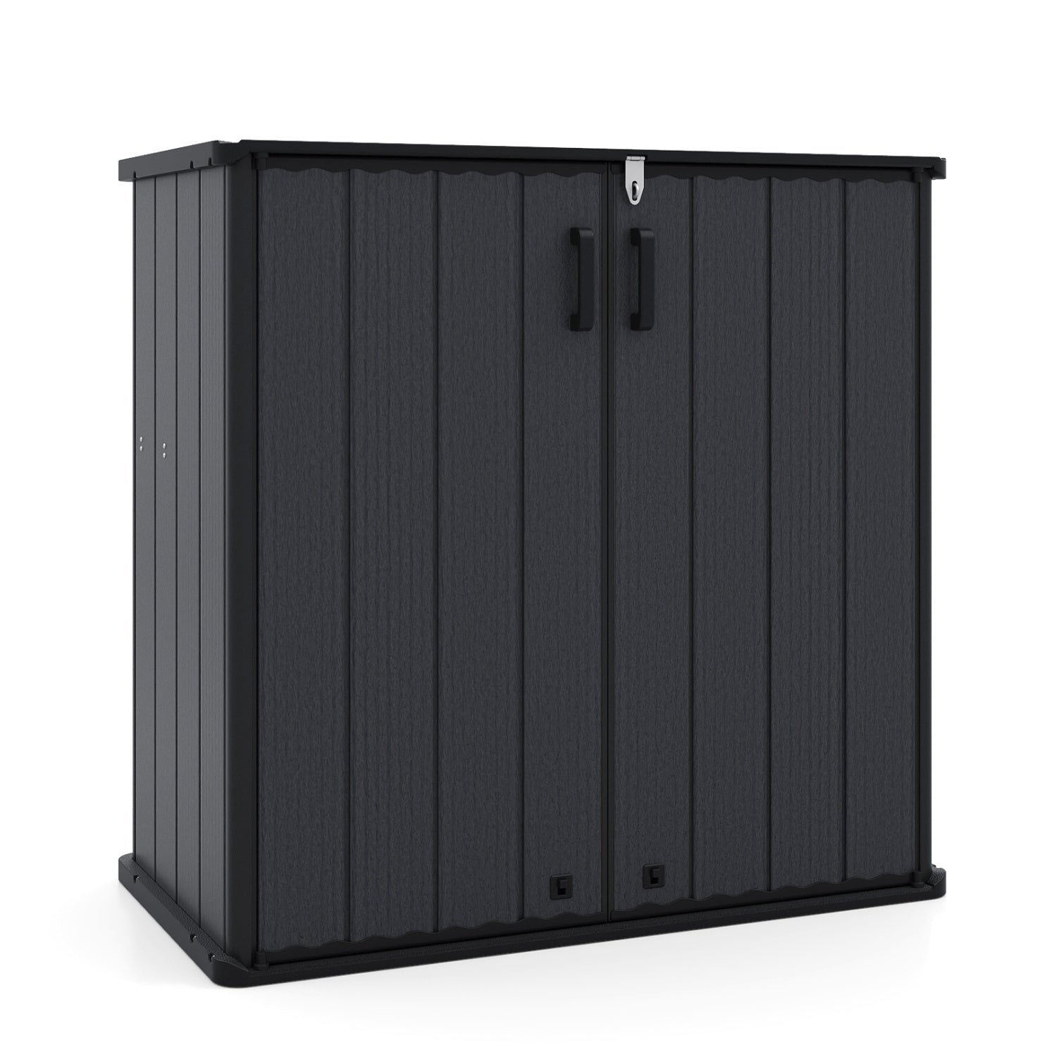 All-weather outdoor storage box with floor and removable shelf in black, ideal for patio and lawn storage.