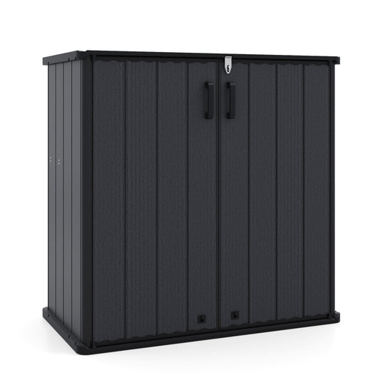 All-weather outdoor storage box with floor and removable shelf in black, ideal for patio and lawn storage.
