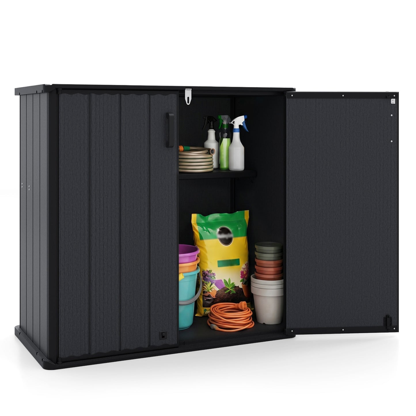 Black all-weather outdoor storage box with removable shelf and floor, ideal for patio and lawn storage.
