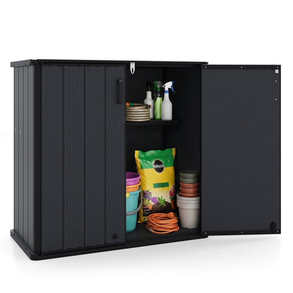 Black all-weather outdoor storage box with removable shelf and floor, ideal for patio and lawn storage.