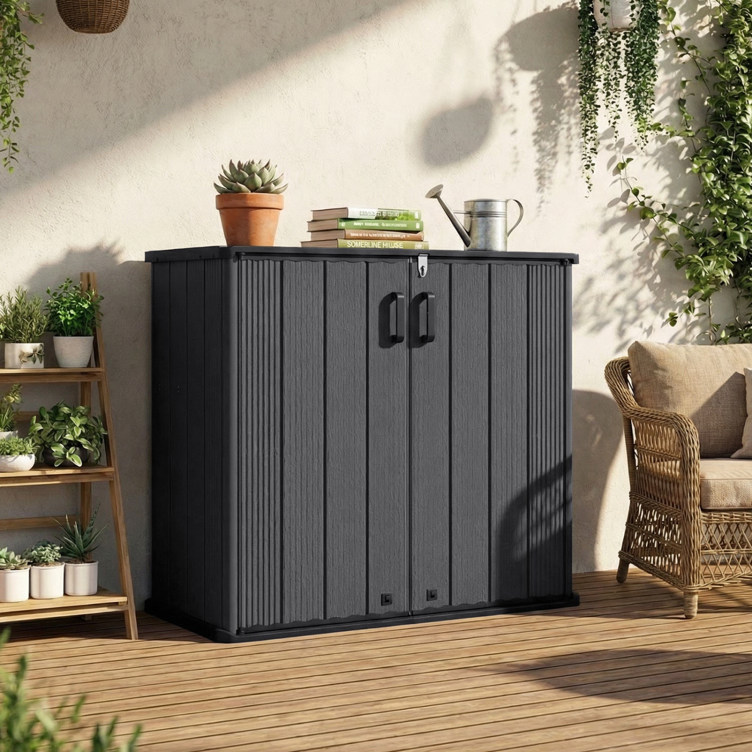 Black all-weather outdoor storage box with floor and removable shelf, ideal for patio and lawn organization.