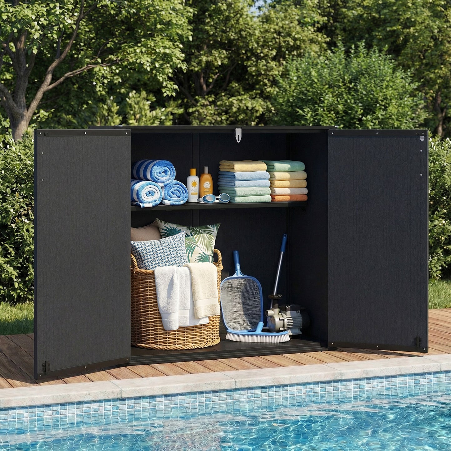 Black all-weather outdoor storage box with floor and removable shelf for patio and lawn by Wilsons Home Store