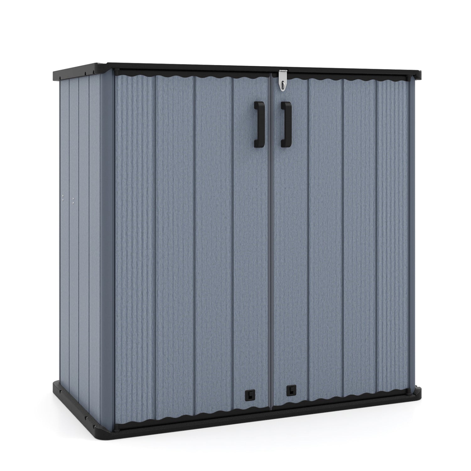 Black all-weather outdoor storage box with floor and removable shelf, ideal for patio and lawn storage, by Wilsons Home Store.