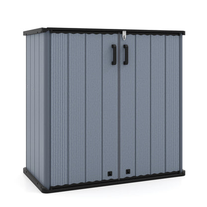 Black all-weather outdoor storage box with floor and removable shelf, ideal for patio and lawn storage, by Wilsons Home Store.