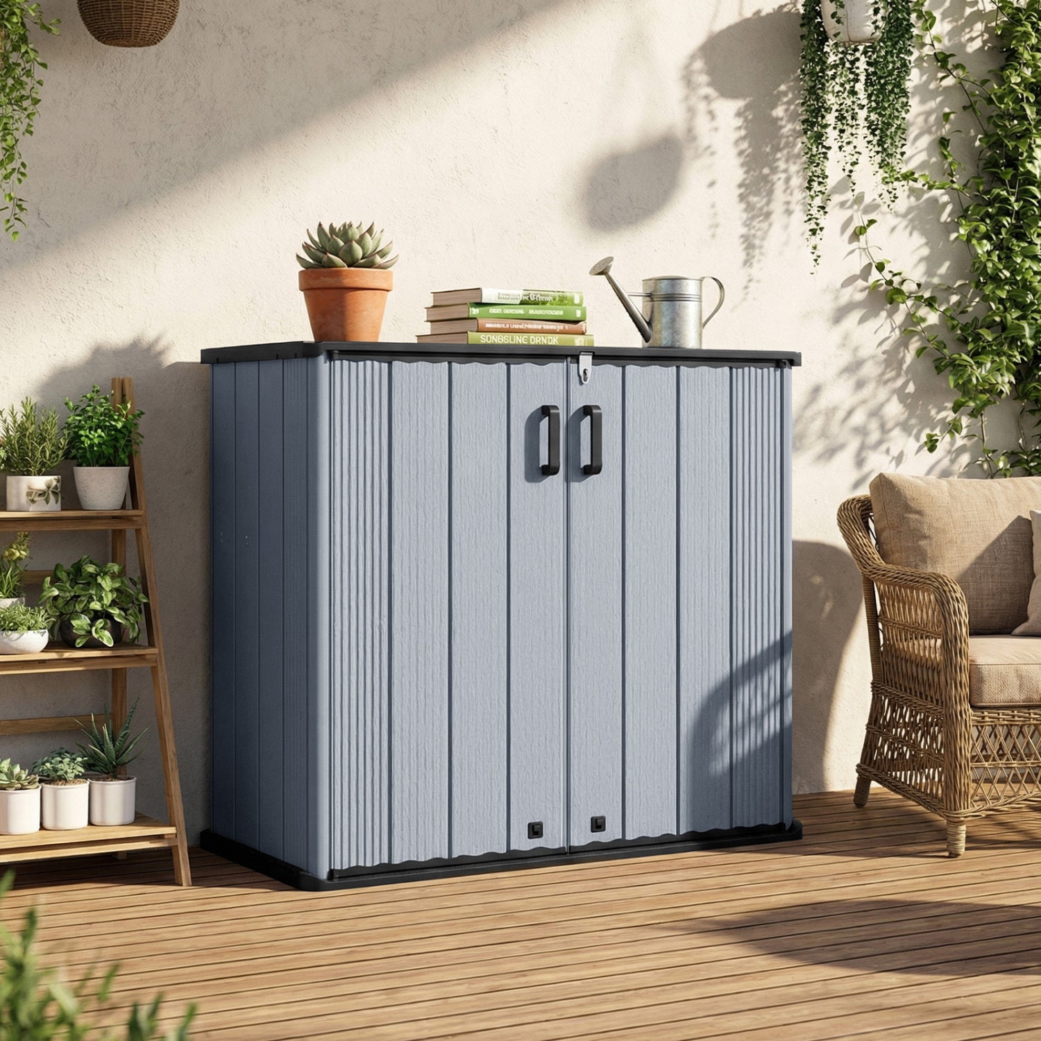 Black all-weather outdoor storage box with floor and removable shelf, ideal for patio and lawn storage.
