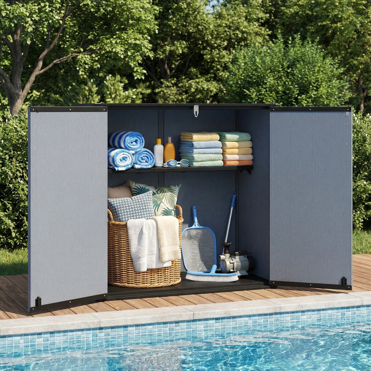 Black all-weather outdoor storage box with removable shelf and floor, ideal for patio and lawn storage by Wilsons Home Store