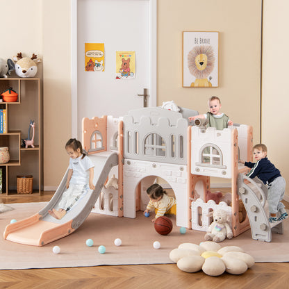 All-in-1 Toddler Slide Playset Playground with Tunnel and Ladder and Basketball-Pink