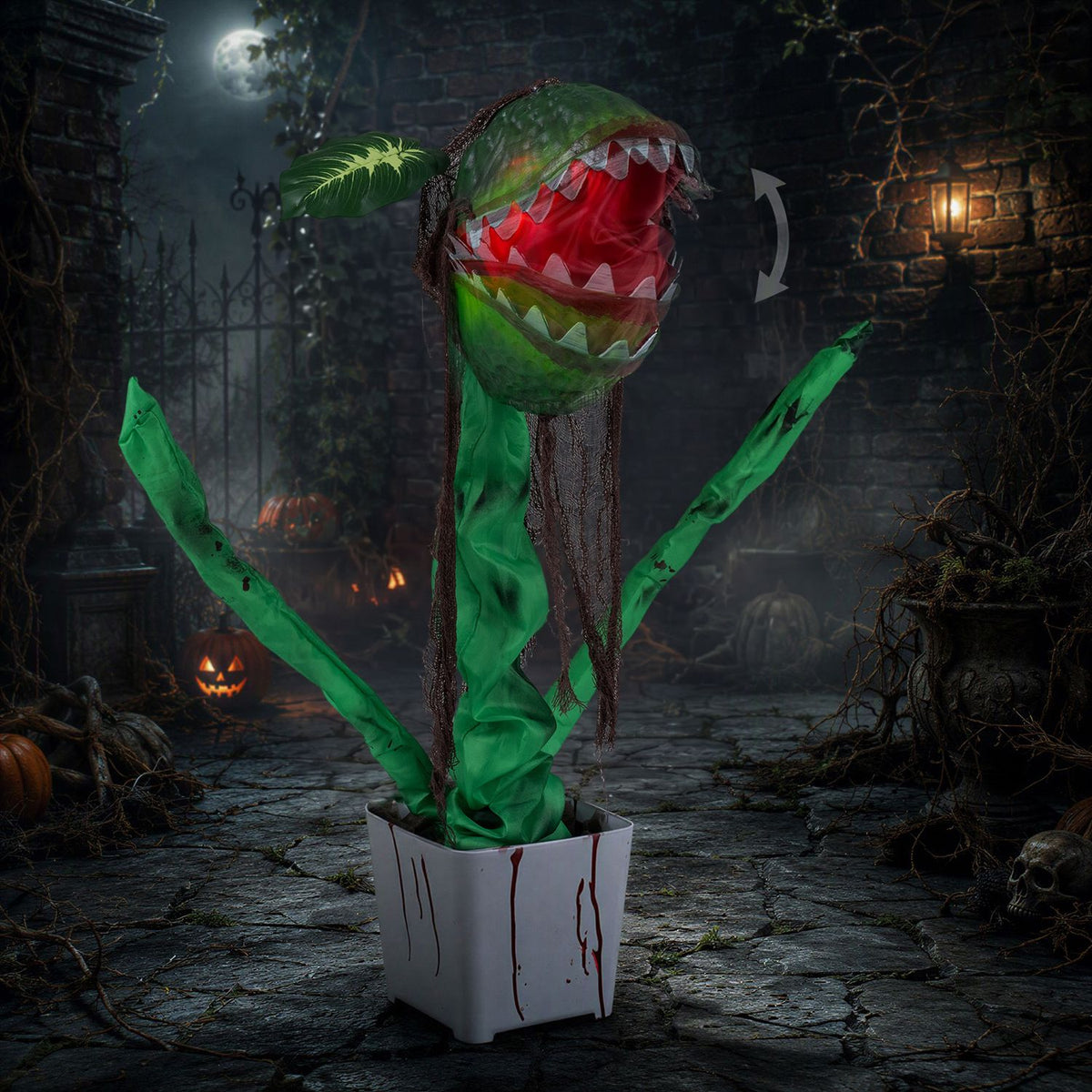 Animated Halloween Man-Eater Plant prop with moving jaws, spooky green leaves, and vibrant Halloween decorations for holiday decor.