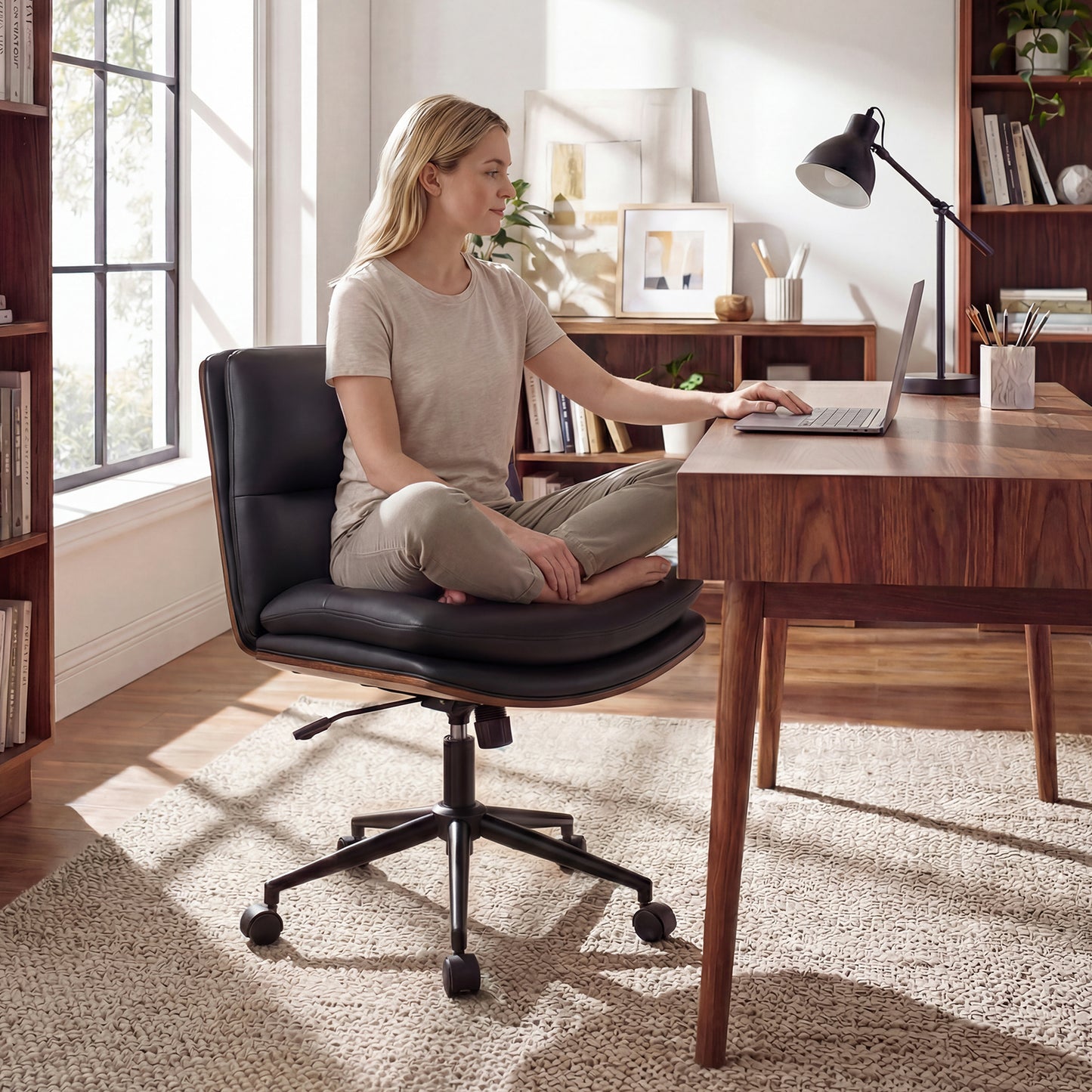 Armless Office Chair with Curved Backrest and Padded Seat-Black