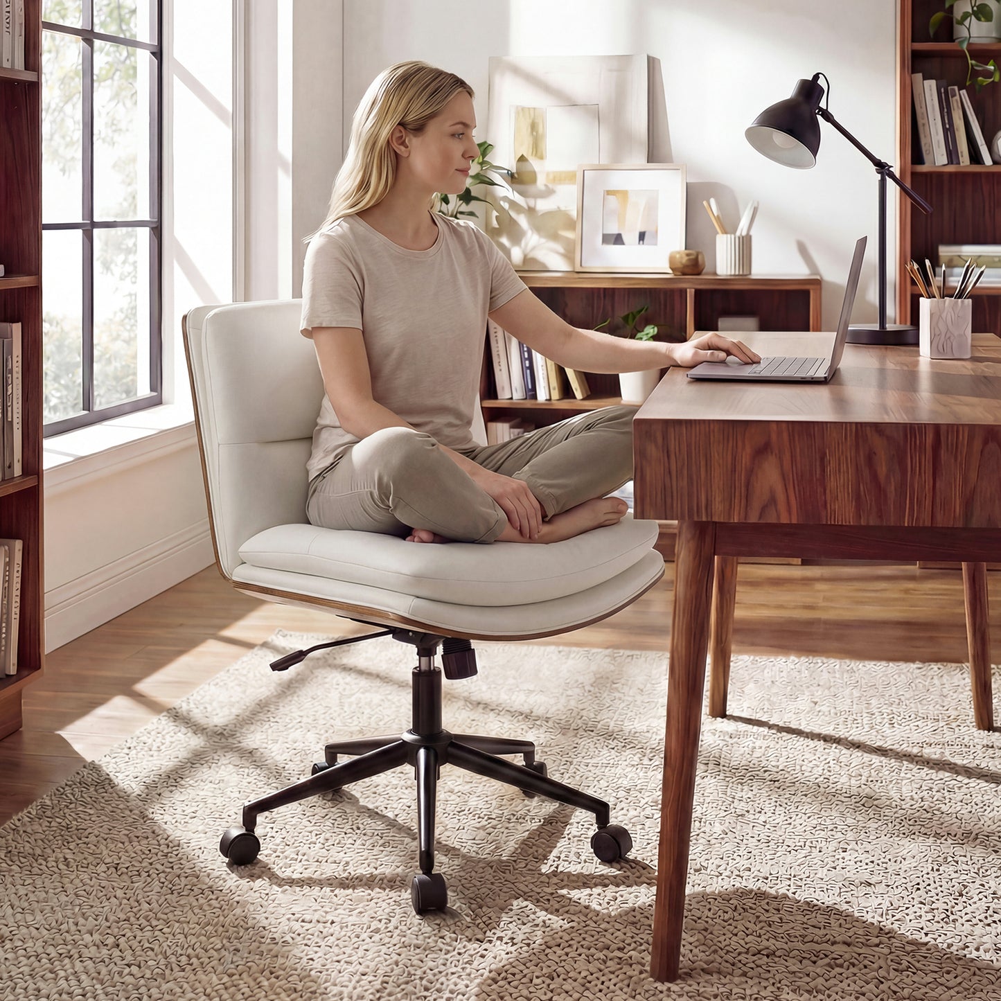 Armless Office Chair with Curved Backrest and Padded Seat-Black