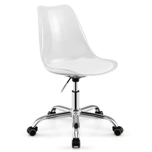 Armless Rolling Office Chair with Swivel Seat and PU Leather Cushion-Clear