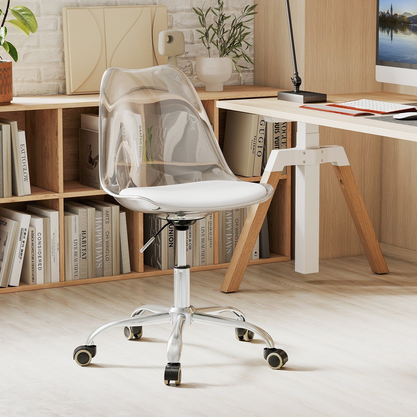 Armless Rolling Office Chair with Swivel Seat and PU Leather Cushion-Clear