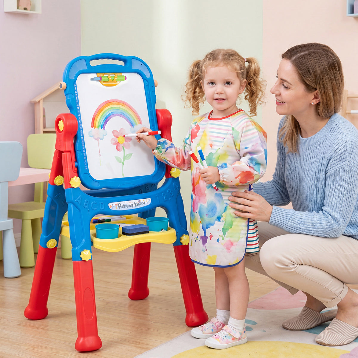 Blue kids' art easel with adjustable height by Wilsons Home Store, perfect for young artists' creative projects.