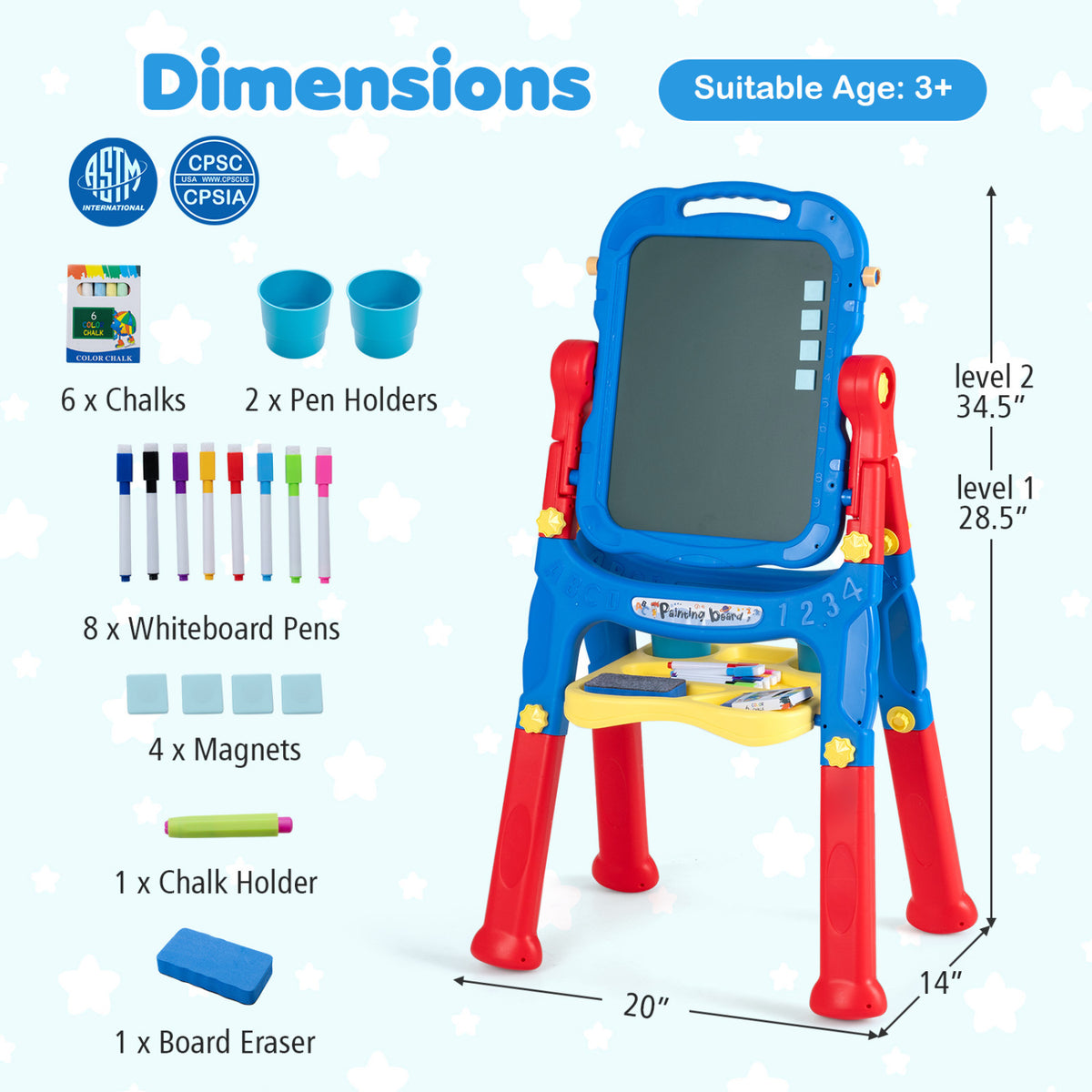 Blue kids' art easel with adjustable height, ideal for children’s drawing and painting activities, by Wilsons Home Store.