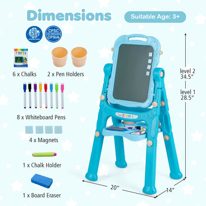 Blue kids' art easel by Wilsons Home Store with adjustable height, perfect for young artists to create and display artwork.